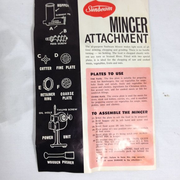 Sunbeam Vintage Meat and & Food Mincer Attachment Model # MA1 - Picture 8 of 9